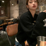 Black Knitted Cardigan Women Streetwear Chic Button Cropped Sweater Vintage Korean Autumn Winter Slim Casual Jumpers