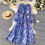 Women Blue/Red/Black Printed Party Dress Bohemian Puff Long Sleeve High Waist Ruffle Collar Midi Robe Female Vestidos