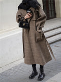 Autumn Winter Long Loose Stylish Warm Plaid Wool Blends Coat Women Sashes Luxury Designer Runway European Fashion