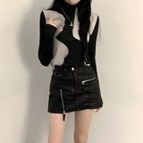 SUCHCUTE Gothic Tie Dye Basic Women T-shirts Slim Dark Academic High Collar Knitted Tee Fairycore Casual Streetwear Clothes