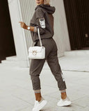Women Fashion Plaid Print Zipper Front Hooded Top & Pants Set Two Pieces Suit Flare Pants