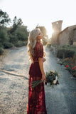 Queens Women Solid Short Sleeve Beach Sexy Loose Bohemian Maxi Dress Ladies V-neck Lace Boho Sundress