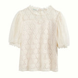 Blouse Women Sweet Stand Collar Elegant Korean Shirt Summer Puff Short Sleeve Tops Flower Crochet Ladies Blusas Mujer