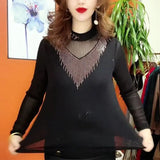Winter Stand Collar Diamonds Mesh Patchwork Sexy T-shirt Lady Long Sleeve Slim All-match Bottoming Pullover Top Women