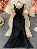 Leopard Spaghetti Strap Long Dress Summer Women Sleeveless Strapless High Waist Split Bodycon Vestidos Female Draped