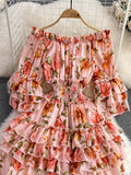 Vintage Floral Ruffle Chiffon Long Dress Women Sexy Slash Neck Off Shoulder Flare Sleeve High Waist A-Line Beach