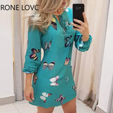 Women Butterfly Print Tie Front Long Sleeve Dress Elegant Fashion Chic