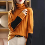 Winter High Collar Loose Casual Patchwork Sweater Top Women Thick Warm All-match Knitting Jumper Ladies Vintage