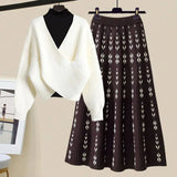 Warm Knitwears 3 Pieces Set For Womens Outfit Korean High Quality Pullover Knitted Sweater+print Pleated Skirts Sets
