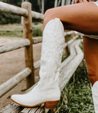 Onlymaker Women White Knee High Boots Western Cowboy Boots Wide Calf Embroidered Pointed Toe Block Heel Pull-On Cowgirl