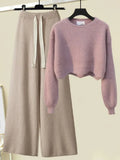 Winter Knitted Two Piece Set Women Casual Pullover Long Sleeve Knitting Sweater And Wide Leg Pants Sets For Women