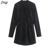 Women Vintage V Neck Sequined Black Mini Dress Office Lady Chic Long Sleeve Side Zipper Casual Slim Party Vestidos