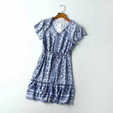 Queens Women Floral Print Deep V-neck Vacation Bohemian Mini Dress Ladies Short Sleeve Button Boho Dresses