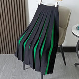 Knitted Pleated Midi Skirts Women Elegant Patchwork A Line Skirt Autumn Winter Korean Vintage Thick High Waist Slim