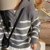 Women Sweater Oversize Zipper Knitted Pullover Long Sleeve Stripe Loose Ladies Sweaters Autumn Winter Women's