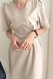 Solid A-line Maxi Dresses for Women Apricot V-neck Short Sleeve Elegant Dress Bow Female Chic Korea Vestidos Summer