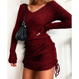 Knitted Sweater V Collar Long Sleeve Autumn And Winter Sexy Body Threaded Skirt Folding Drawstring