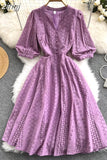 Women Green/Orange/White Hollow Out Midi Dress Elegant V-Neck Puff Short Sleeve High Waist Party Robe Female Vestido