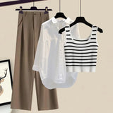Women Pants Sets Summer Casual Striped Knitted Vest+long Sleeve Sunscreen+wide Leg Long Pant 3 Pieces Set Women Outfits