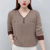 Winter Oversized V-neck Vintage Houndstooth Loose Casual T-shirt Female Long Sleeve Wild Pullover Top Women Bottomed