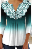 Floral Print Summer Blouse Women Elegant Simple Shirt V Neck Button 3/4 Length Sleeve Casual Holiday Basic Tops