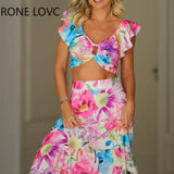 Women All Over Print Floral Pattern Crop Top Hollow Out Ruffles Sexy Maxi Vacation Skirt