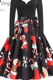 Big Swing Print Vintage Christmas Dress Women Winter Casual Long Sleeve V Neck Sexy New Year Party Dress