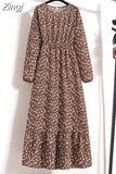 Women Elegant Floral Printed Long Dresses Spring Summer Casual O Neck Long Sleeve Ladies Chic High Waist A Line Beach