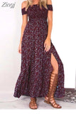Women Summer Chiffon Long Dress Sexy Slash Neck Strapless Front Split Casual Elegant Floral Print Boho Beach