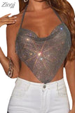 Sexy Women Sparkly Halter Tank Crop Tops Backless Chains Linked Sleeveless Rhinestones Glitter Mini Vest Club