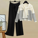 Winter Knitwear Two Piece Sets For Women Outfits Korean Casual Striped Knitted Sweater And Wide Leg Knitting Pants