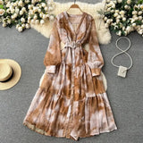 Women French Fashion Single Breasted V Neck Long Dress With Belt Summer Autumn Elegant Print A-line Robe Female Holiday