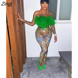 Women Two Piece Set Feathers Print Strapless Crop Tank + Long Pants Sportsuit Clothes For Women