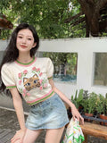 Aesthetic Cat Embroidery Knitted Crop Tops Japan Kawaii Woman Tshirts Retro Puff Sleeve Sexy Girls Streetwear Summer