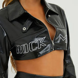 Cloth Forget Street Locomotive Wind Letter Print PU Leather Spliced Short Jacket Work Clothes Casual Leather