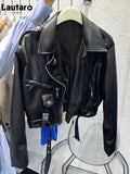 Spring Autumn Short Blue Soft Pu Leather Biker Jacket Women Zipper Long Sleeve Belt Cool Luxury Designer Clothes