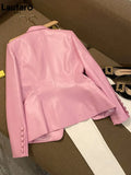 Spring Stylish Short Pink Soft Pu Leather Blazer Long Sleeve Slim Fit Luxury Jackets for Women 2023 Elegant Fashion