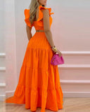 Summer Bright Flutter Sleeve Shirred Back Crop Top & Maxi Skirt Set Two Piece Women Boho Long Skirt Suits Robe