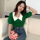 Vintage Knitted Pullover T Shirt Women Sweet Patchwork Puff Short Sleeve Tops Office Elegant Peter Pan Collar Slim