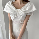 Zingj Chic Summer Simple Elegant V Neck Kink Design Sense Pure Color Slim Thin Fly Sleeve T-Shirt Jacket Women-Outfit