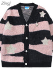 Striped Star Long Sleeve Y2K Sweater Oversized Cardigan V-Neck Couples Knitted Women Coats Autumn Sueter Mujer