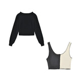 Hollow Out Long Sleeve T-shirt Patchwork Tank + Black Cloak Pullover T-shirt Two Piece Tops Streetwear Crop Tops