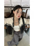 Leather Jacket Women Casual PU Y2k Vintage Jackets Female Patchwork Streetwear American Retro Locomotive Coat