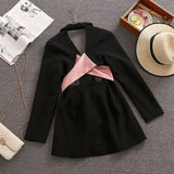 Women Jacket Bow Pink Hollow Out Backless Design Long Sleeve Notched Blazers Coat Slim High Street Style 2021 Autumn