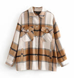 Plaid Shirt Jacekt Loose Oversize Woolen Coat Women Vintage Button Jacket