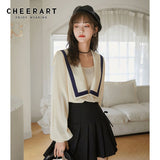 Vintage Sailor Collar Long Sleeve Blouse Women Lantern Sleeve Beige Loose Tops And Bloues 2021 Fall Classy