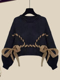 Winter Luxury Two Piece Set For Women Outfit Korean Bow Bandage Knitted Pullover Sweaters+high Waist Woolen Skirts Set