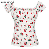 Summer Women Vintage Party Blouse 50s 60s Cherry Print White Cotton Short Sleeve Elastic Neck 2022 Tops Women