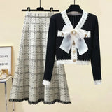 Women Autumn Winter Vintage fragrant Knitted Two Pieces Sets Korean Long Sleeve Knit Cardigan And High Waist Plaid Skirts