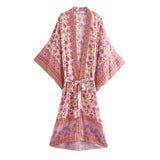 Queens Vintage Floral Print Sashes Women bohemian V Neck batwing Sleeves happie Blouses robe Kimono
